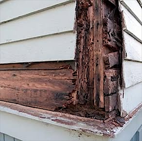 Termite damage: hollowed-out, crumbling wood at the corner of a home’s siding.